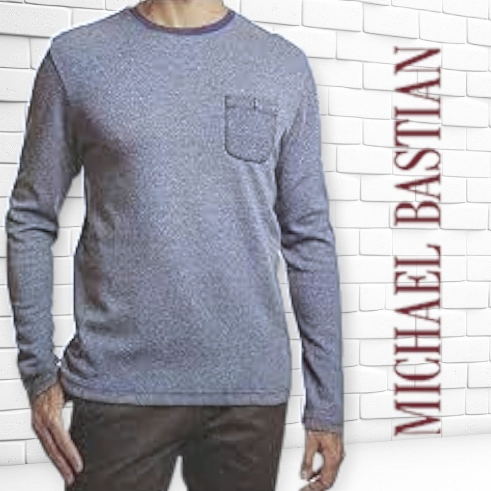 Michael Bastian Mens LS Crewneck Chest Pocket Knit‎ Pullover Tee Heather Blue XL